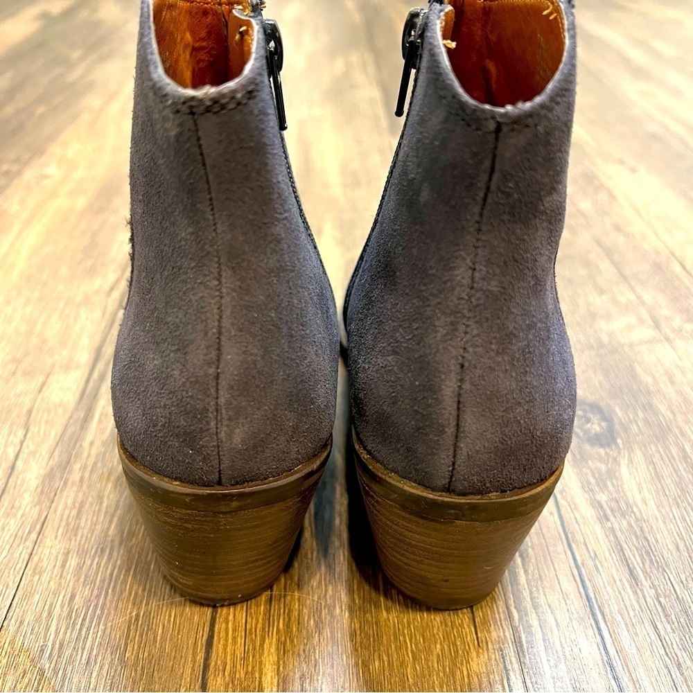 Lucky Brand Baley Suede Navy Blue Ankle Boot Chunky Heel Holiday Winter Cold 6 - Picture 8 of 9